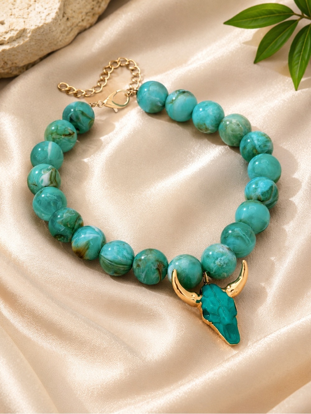 Turquoise Beaded Bull Skull Necklace - Women's Jewelry - Picture 3 of 4